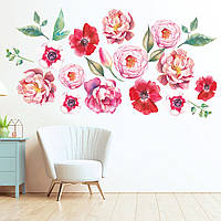 Наклейки для декору стін Квіти (рожеві півонії червоні маки листя) декоративні Набір ХL 1100х150 мм глянсова