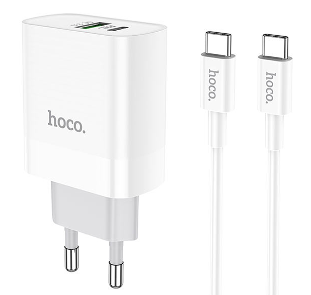 Зарядний пристрій для телефону + кабель Type-C to Type-C з швидкою зарядкою HOCO C80A |1USB/1Type-C, QC/PD, 20W, 3A| Білий