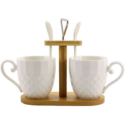 Набір порцелянових чашок з ложками на дерев'яній стійці 2-предмета