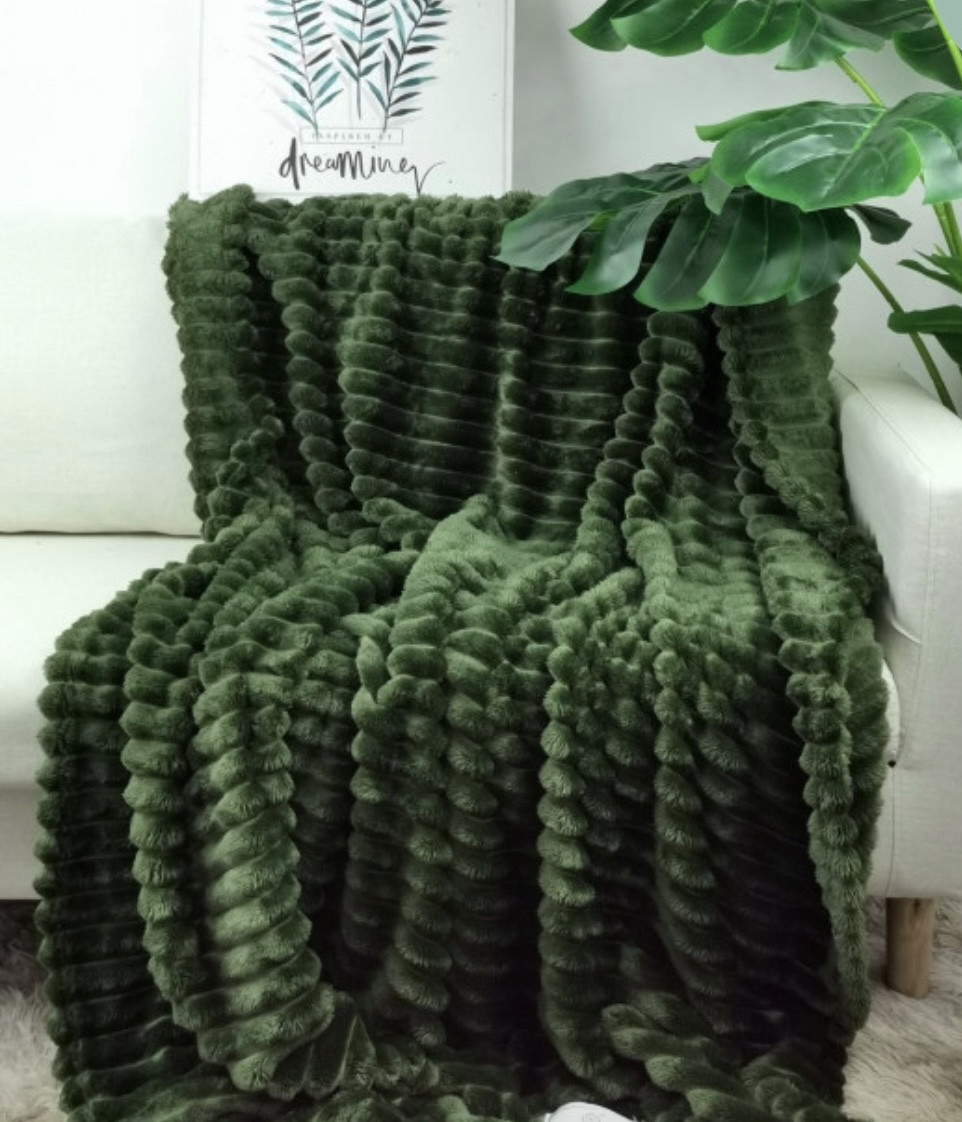 Велюровий зелений плед шарпей "широка смужка" 200х220, фото 1