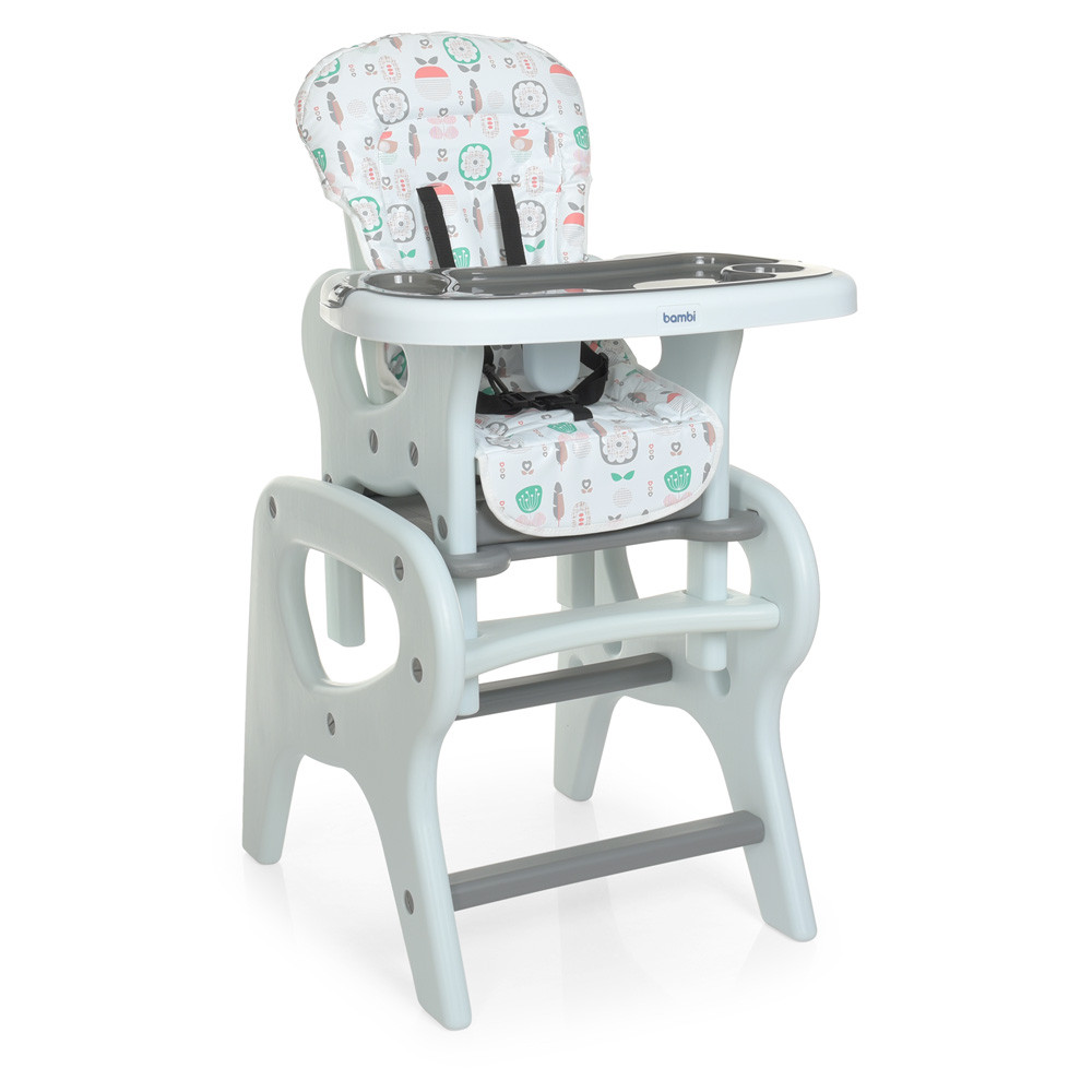 Стільчик-трансформер для годування Bambi Flowers Gray з ременями безпеки Сірий, фото 1