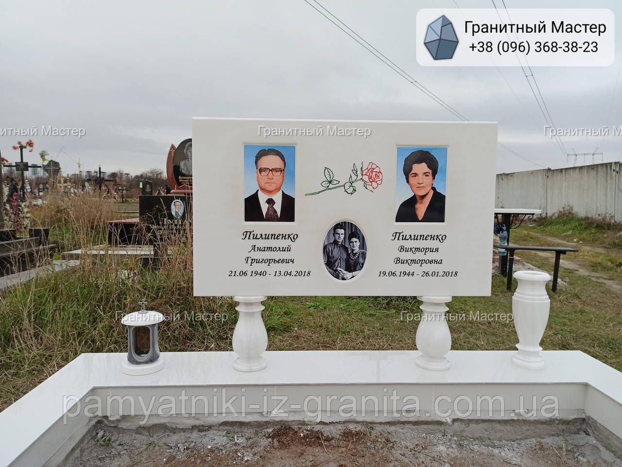 Сучасний горизонтальний подвійний пам'ятник з білого мармуру № 90