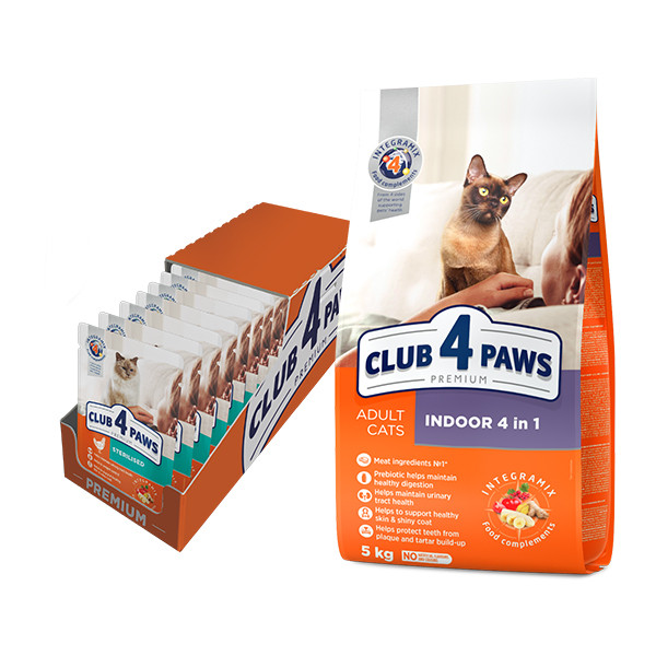 АКЦІЯ! Сухий корм Клуб 4 лапи Indoor для кішок і котів 4в1 5КГ + 24 паучі для стерилізованих кішок у подарунок!