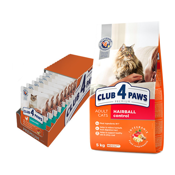 АКЦІЯ! Сухий корм Клуб 4 Лапи Premium для кішок і котів з ефектом виведення шерсті 5 кг + 24 паучі в подарунок!
