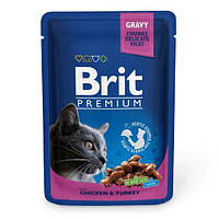Вологий корм Brit Premium Шматочки з куркою та індичкою для котів - 100 г