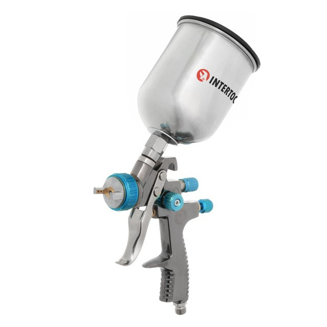 Пневматичний фарборозпилювач INTERTOOL PT-0133, LVLP BLUE проф., форсунка 1.4 мм, верхній металевий бачок, фото 1