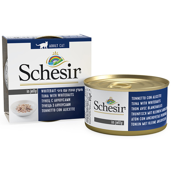 Schesir Tuna Whitebaits ШЕЗИР ТУНЕЦЬ З АНЧОУСАМИ в желе для котів, вологий корм, банка - 85 г