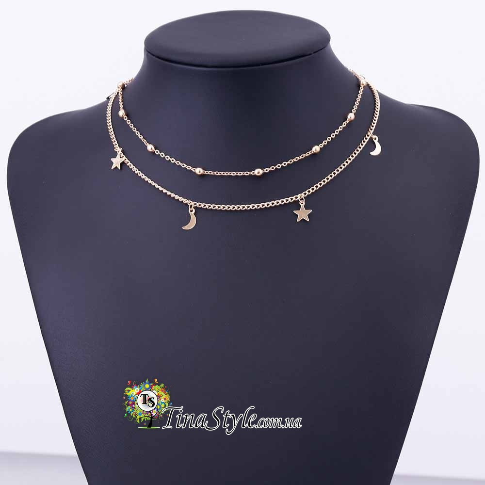Підвіска золотого кольору місяць і зірочки ,чокер мінімаліз,трендова цепочка, фото 1