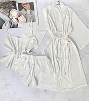 Шелковый комплект тройка халат и пижама с шортами цвет БЕЛЫЙ, ткань шелк Армани