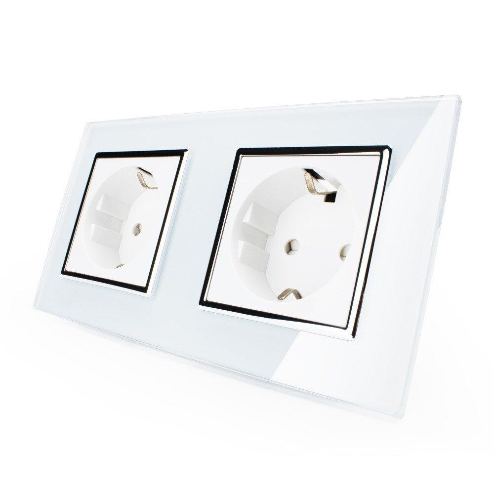 Подвійна електрична розетка з заземленням LIVOLO, біла з хромованою вставкою, скляна рамка, шторки, 250В 16А, фото 1