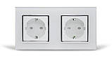 Подвійна електрична розетка з заземленням LIVOLO, біла з хромованою вставкою, скляна рамка, шторки, 250В 16А, фото 2