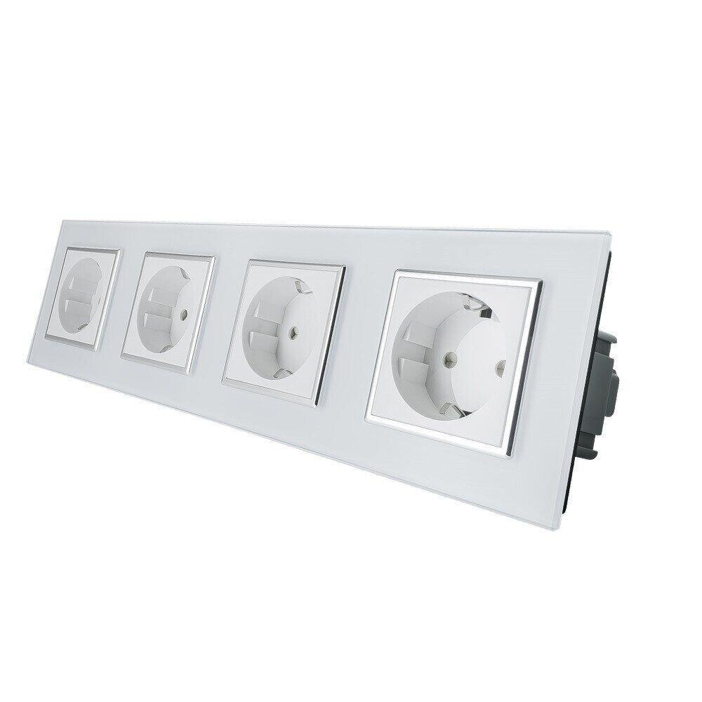 Чотиримісна електрична розетка з заземленням LIVOLO, біла з хромованою вставкою, скляна рамка, шторки, 250В, фото 1