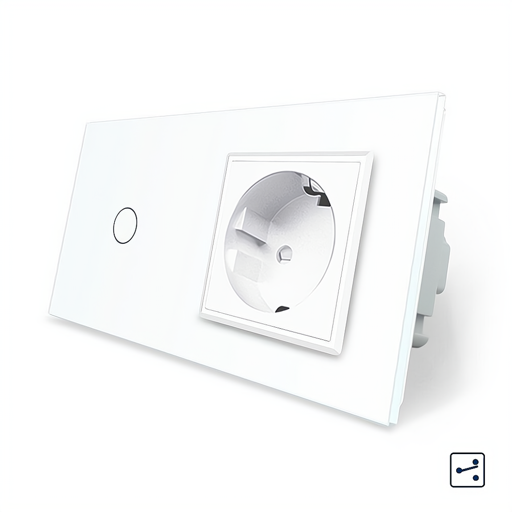 Сенсорний прохідний/перехресний вимикач 1 сенсор 1 розетка Livolo білий скло (VL-C701S/C7C1EU-11), фото 1