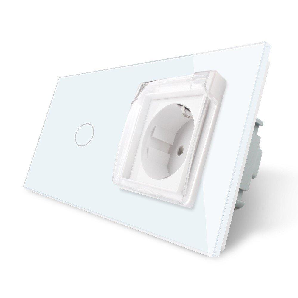 Сенсорний вимикач + розетка вологозахисна з кришкою IP44, з заземленням, біла скляна рамка, шторки, LIVOLO, фото 1