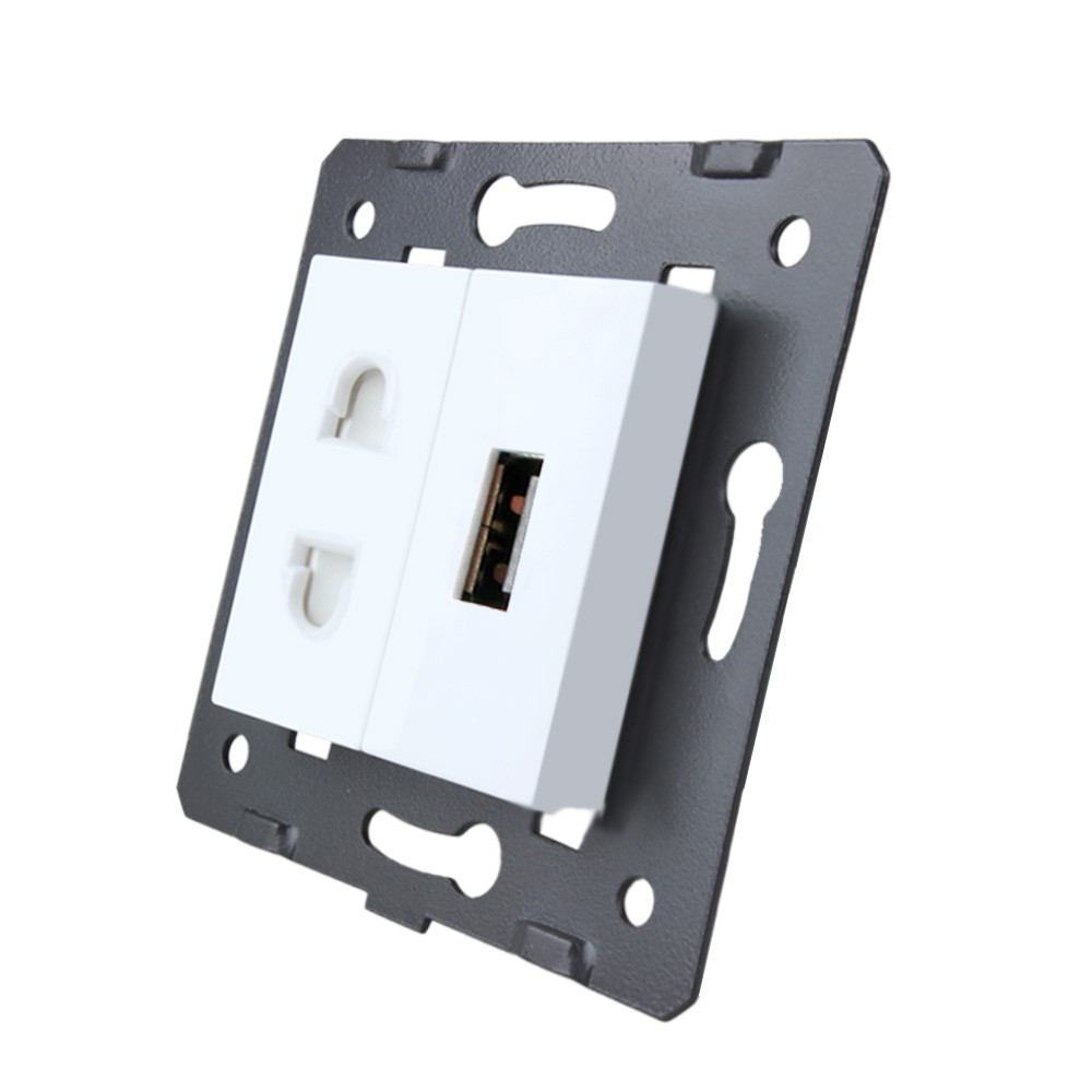 Розетка LIVOLO універсальна + USB зарядка 5V 2.1A, біла, 16А 230В, з шторками, модуль (C7-C1A1USB-11), фото 1