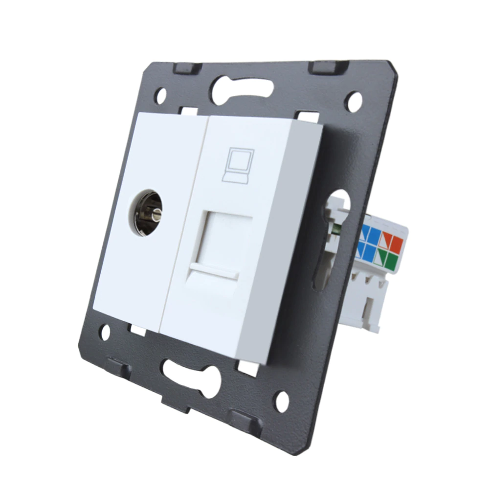 Розетка LIVOLO телевізійна + комп'ютерна RJ-45 (8P8C Cat.6), біла, з пилозахистом, модуль (C7-1V1C-11), фото 1