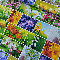 Рогожка набивная с весенними цветами в квадратах, ширина 150 см