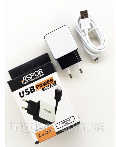 Зарядний пристрій 811 Aspor 2.1 A/2 USB iphone+кабель