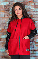 Утепленная женская куртка из пальтовой ткани (Букле) и вставок их эко-кожи, свободный покрой 48, красный