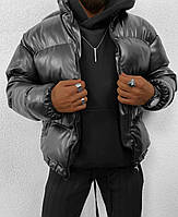 Мужской тёплый кожаный пуховик из плотной эко кожи (чёрный). Мужская зимняя кожаная куртка