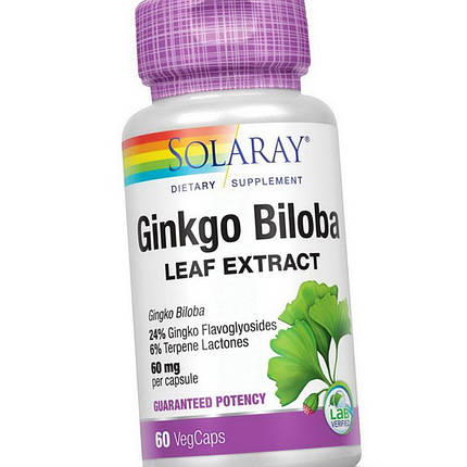 Екстракт листя Гінго Білоба Solaray Ginkgo Biloba Leaf Extract 60 veg caps, фото 4
