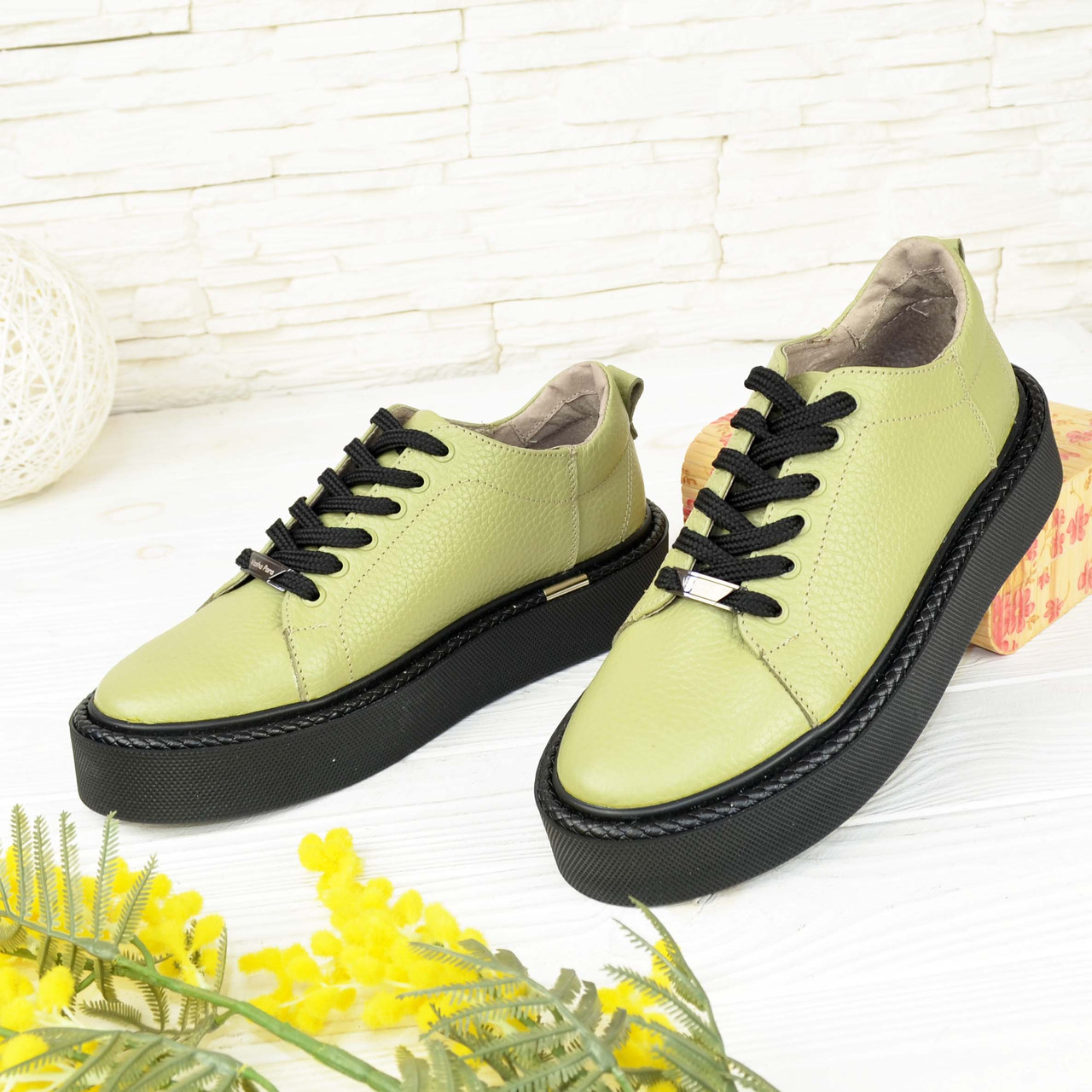 Кеди жіночі на потовщеною, натуральна шкіра флотар, колір оливковий, фото 1