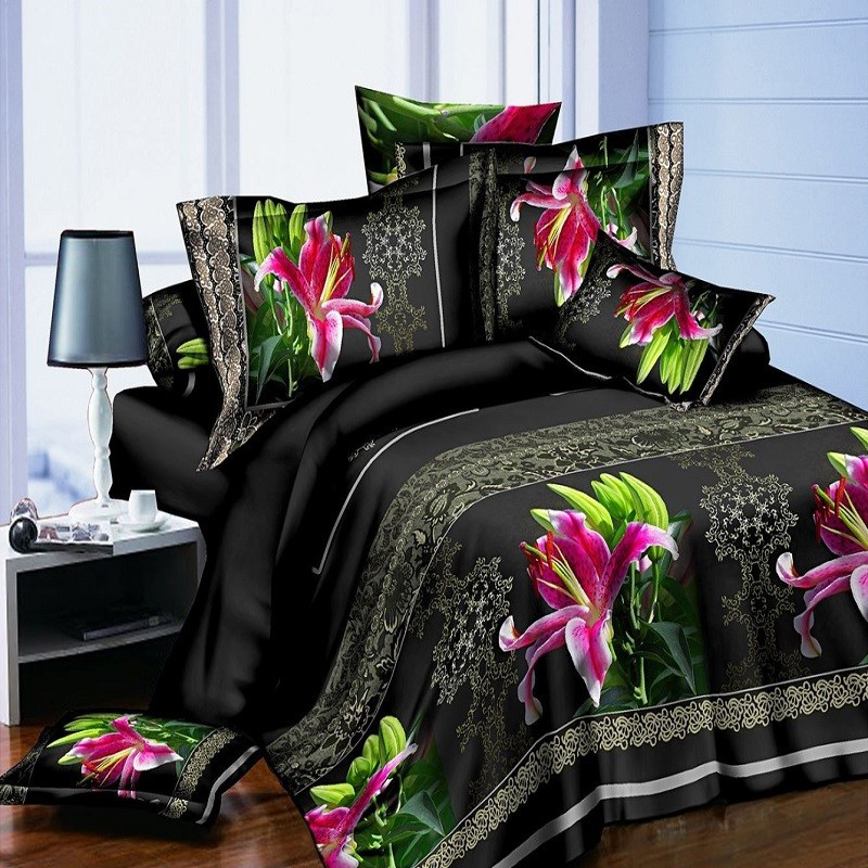 Постільна білизна Королева Ночі (Ранфорс) | Двоспальний комплект | 50х70 | Квіти на чорному з орнаментом, фото 1