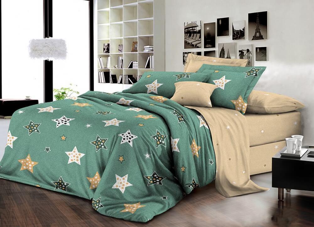Постільна білизна Королева Ночі (Ранфорс) | Двоспальний комплект | 50х70 | Зірки на зеленому і бежевому, фото 1