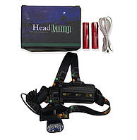 Ліхтар налобний 5V USB Type-C кабел з 2акк18650 з зумом 2128-2 Т6