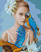 Картина за номерами Дівчина з блакитними папугами KHO4802 Ideyka 40х50см