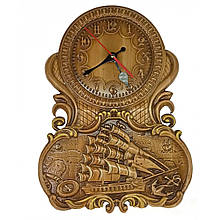 Дерев'яне Панно, різьблене "Годинник з вітрильником" ручний розпис емалями, покрита патиною