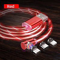 Магнитный светящийся кабель Topk AM19 угловой 90 градусов 3в1 iPhone Lightning, microUSB, Type-C Red