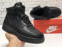 Зимние высокие кожаные кроссовки на меху черного цвета Nike Air Force 1 Mid Triple Black Найк Аир Форс зимние