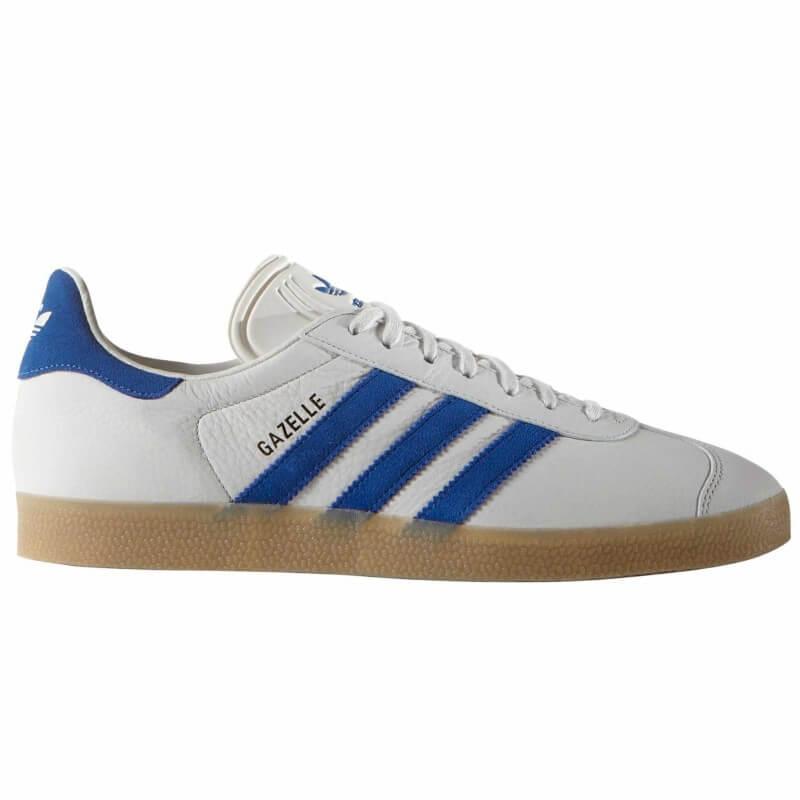 Adidas gazelle white with blue stripes discount