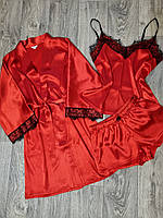 Комплект атласный пижама и халат красный 44