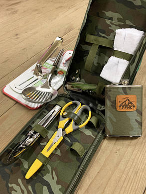 Похідний туристичний набір 9в1 з кухарським інструментом для пікніка в камуфляжному кейсі, фото 2