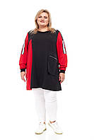 Модная женская туника большого размера "Рубин" Качественная Теплая Батал 66-68 70-72 Черно-красная Оверсайз