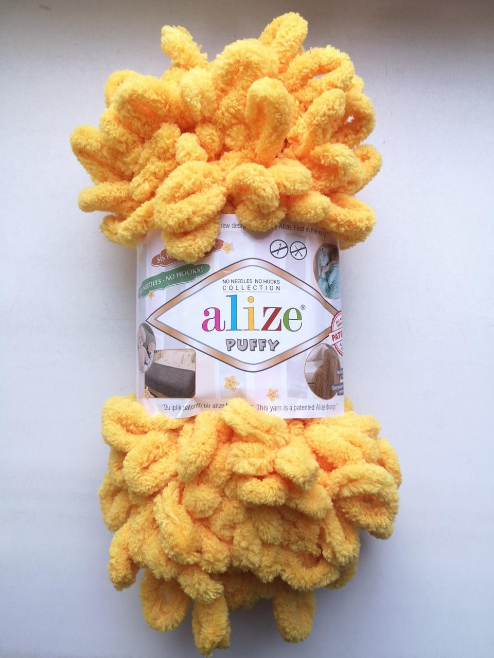 Пряжа Alize Puffy Алізе Пуффі колір жовтий 216 для в'язання без спиць руками з петельками 1 моток 100г, фото 1