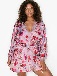 Сатиновий Халат Victoria's Secret Satin Lace Trim Robe, Бузковий з квітами