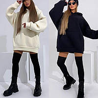 Женская длинная толстовка oversize на флисе с капюшоном и карманом