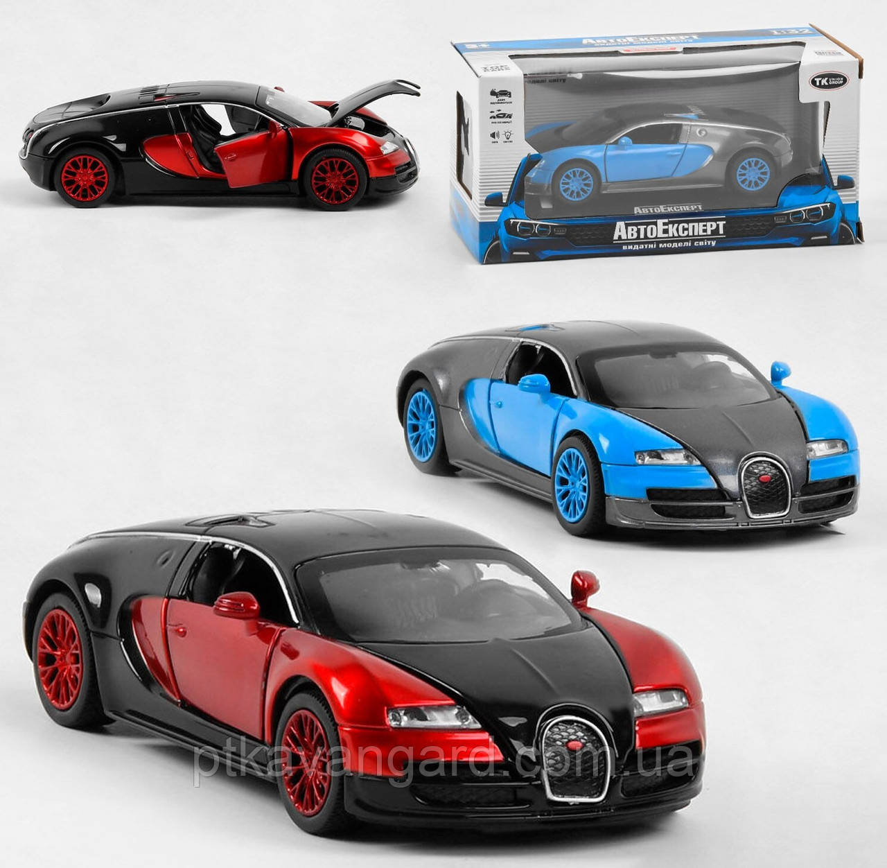 Машинка металлическая Бугатти Вейрон (Bugatti Veyron) 1:32 двери открываются инерционная свет звук 3 цвета