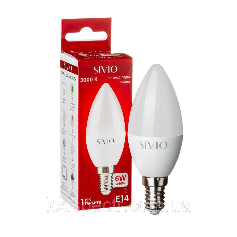 Светодиодная лампа свеча SIVIO 6Вт C37 E14 3000K теплая белая
