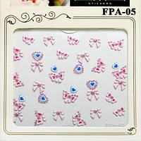 Наклейки для Ногтей Самоклеющиеся 3D FPA 005 Розовые Бантики, Голубые Сердечки, Маникюр Дизайн Ногтей