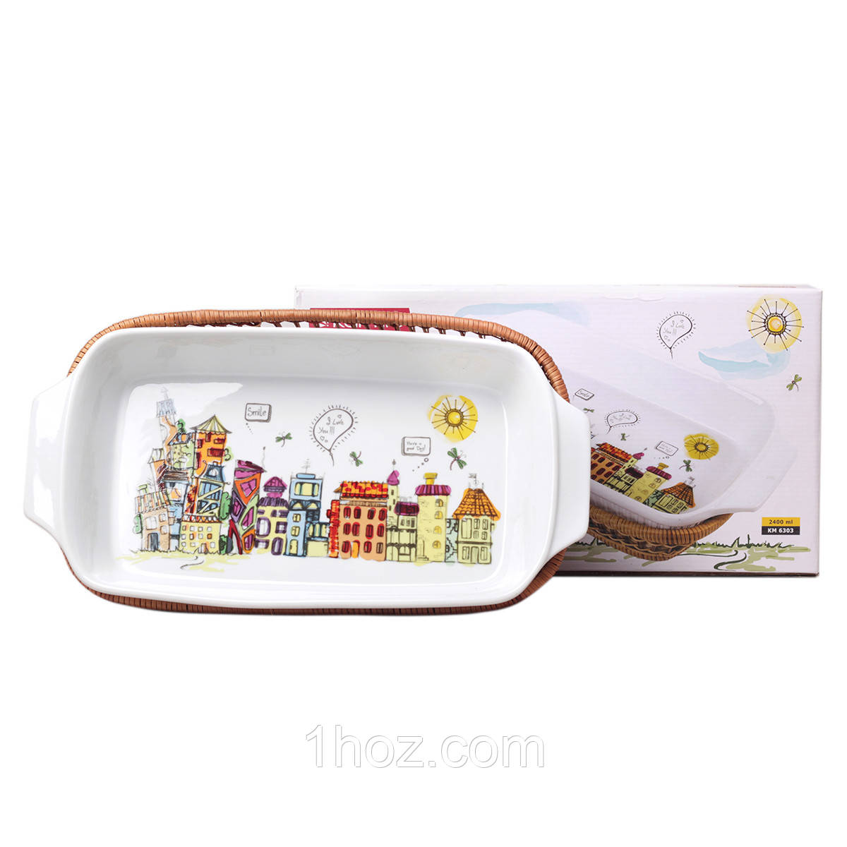 Форма кераміки для запікання 2.4л (41 помножити на 20 помножити на 6см) прямокутна з ротанговим кошиком, фото 1