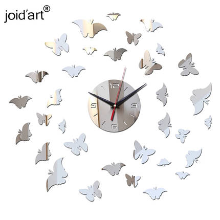 Годинники настінні пластикові "метелики срібло" , годинник наклейки акрилові, фото 2