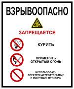 Рус/укр Групової знак "Вибухонебезпечно. Забороняється палити, застосовувати відкритий вогонь, використовувати