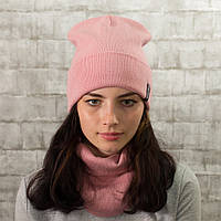 Зимняя шапка и бафф комплект, теплая женская шапка на зиму осень, шапка женская розовая и снуд