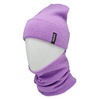 Зимняя шапка и бафф комплект, теплая женская шапка на зиму осень, шапка женская фиолетовая и снуд