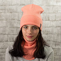 Зимняя шапка и бафф комплект, теплая женская шапка на зиму осень, шапка женская персик