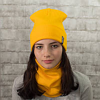 Зимняя шапка и бафф комплект, теплая женская шапка на зиму осень, шапка женская желтая